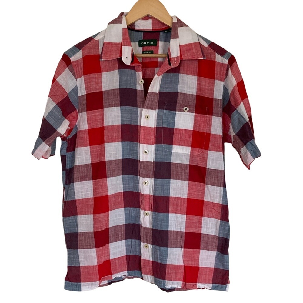 Orvis Mens Red White‎ Blue Casual Button Up Shirt Size M Short Sleeve Americana